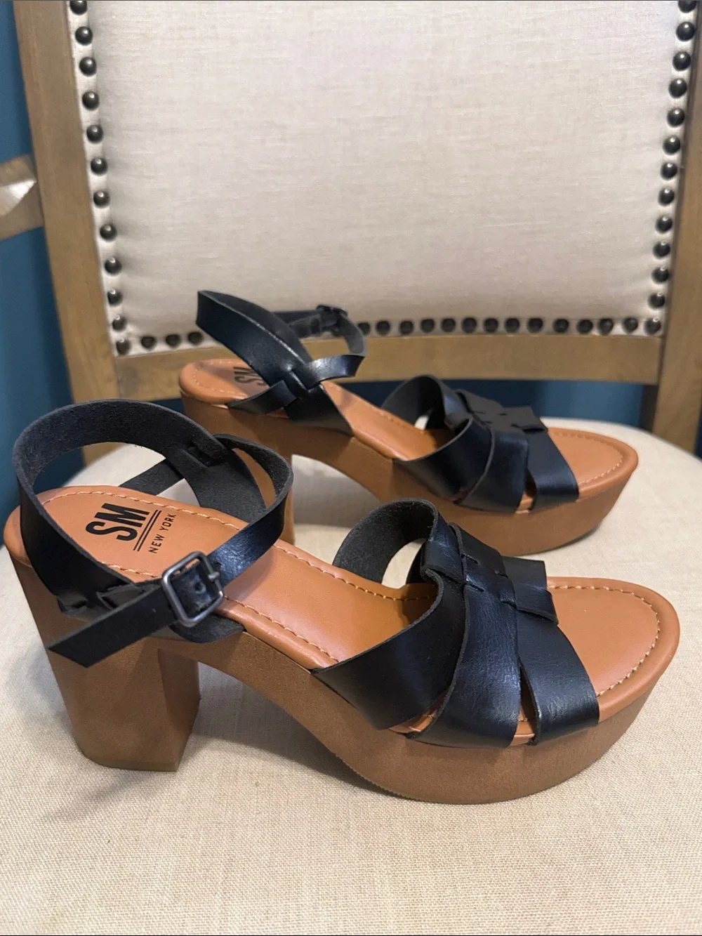 SM New York Black Faux Leather Platform Sandals Size 8